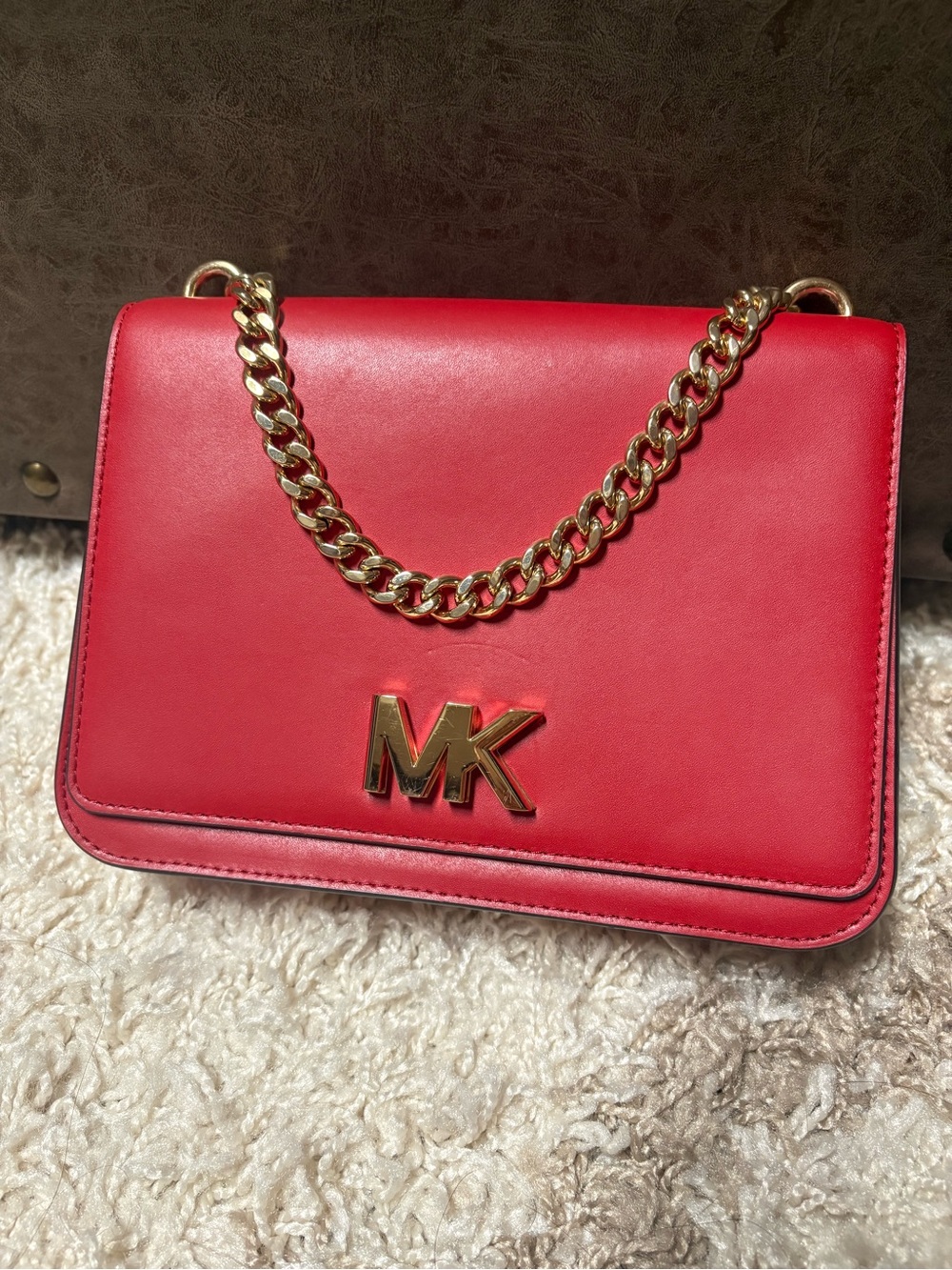 Michael Kors Red Leather Crossbody with Gold MK Chain